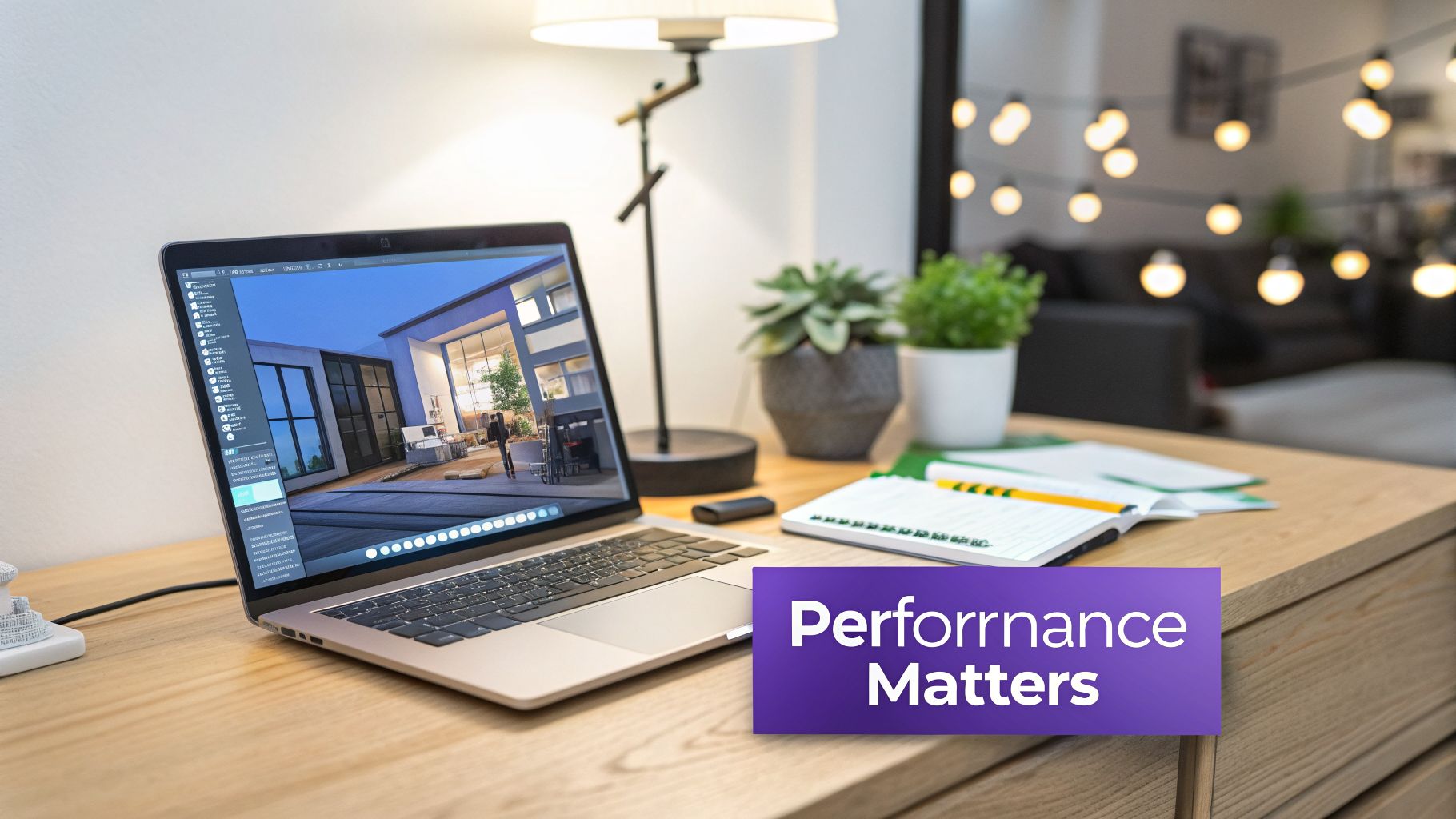 Laptop displaying a 3D architectural rendering on a wooden desk with office supplies and plants.