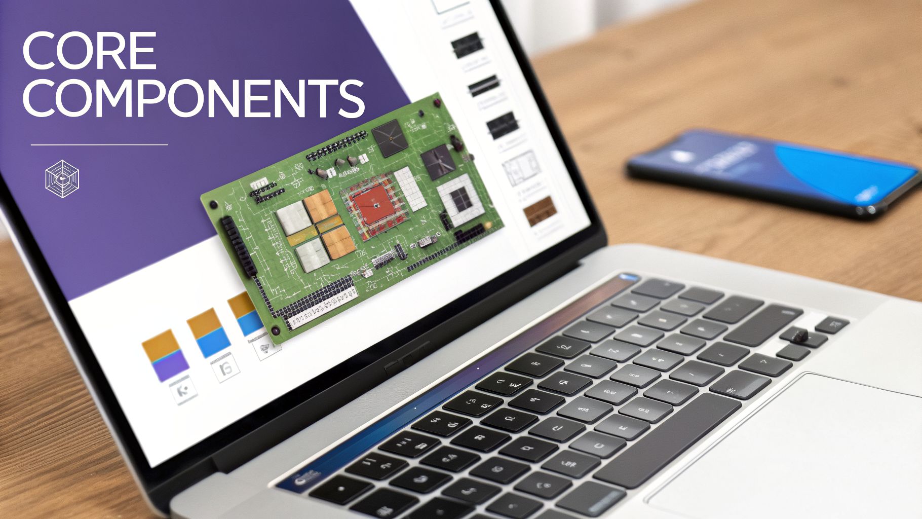 A laptop screen displays 'CORE COMPONENTS' with a detailed green circuit board, alongside a smartphone on a wooden desk.