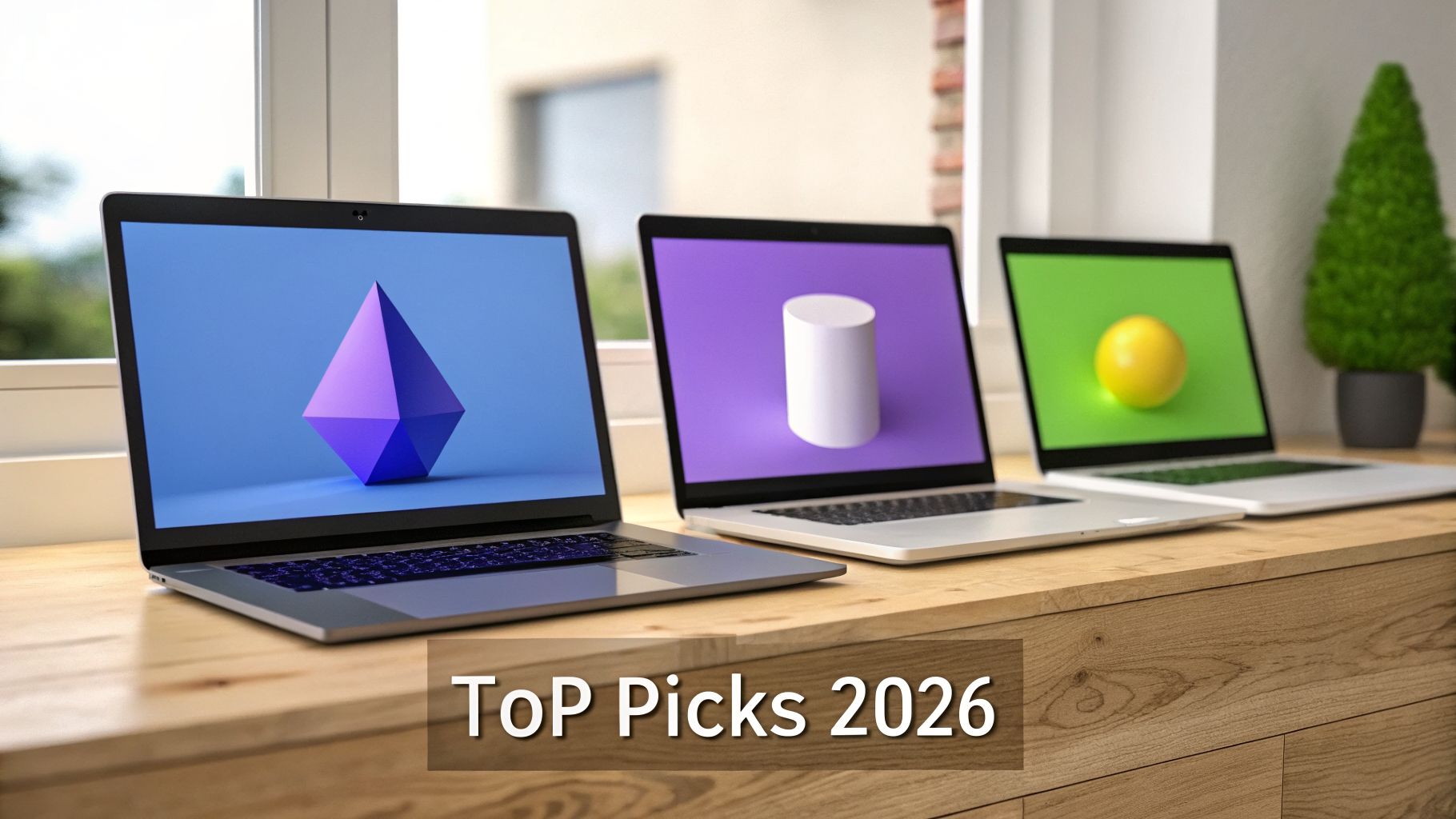 Three sleek laptops displaying vibrant 3D geometric shapes, marked 'ToP Picks 2026', on a wooden desk.