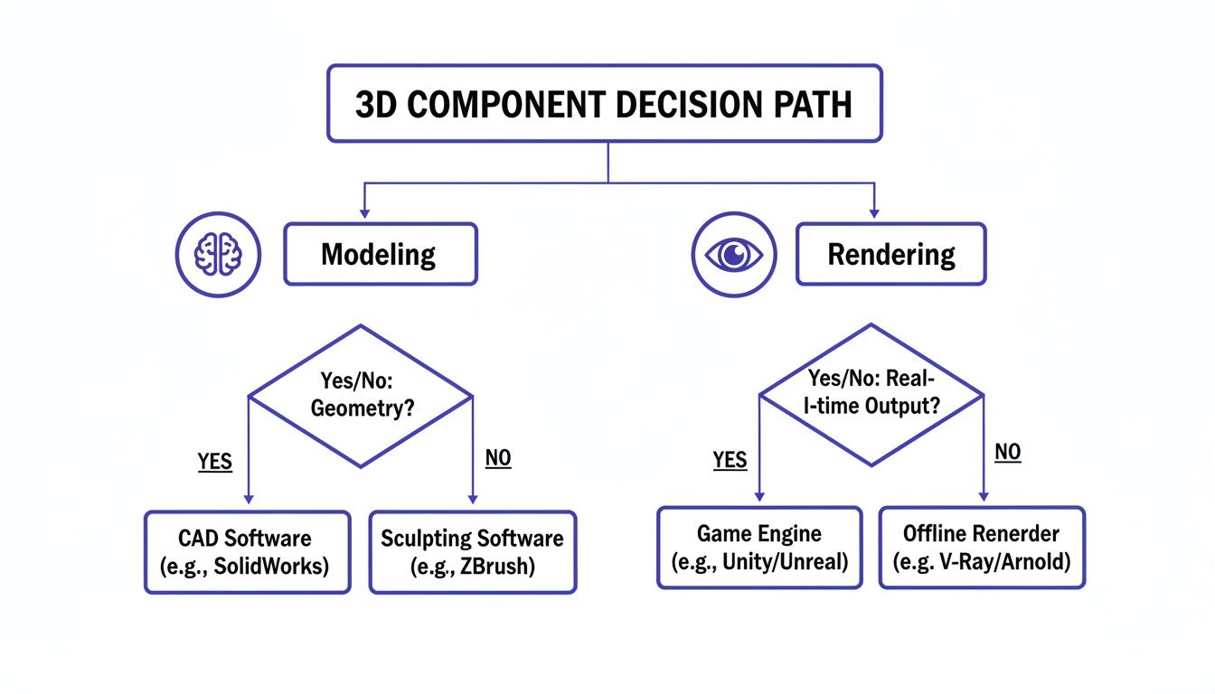Flowchart showing decision paths for 3D component modeling and rendering software choices based on requirements.