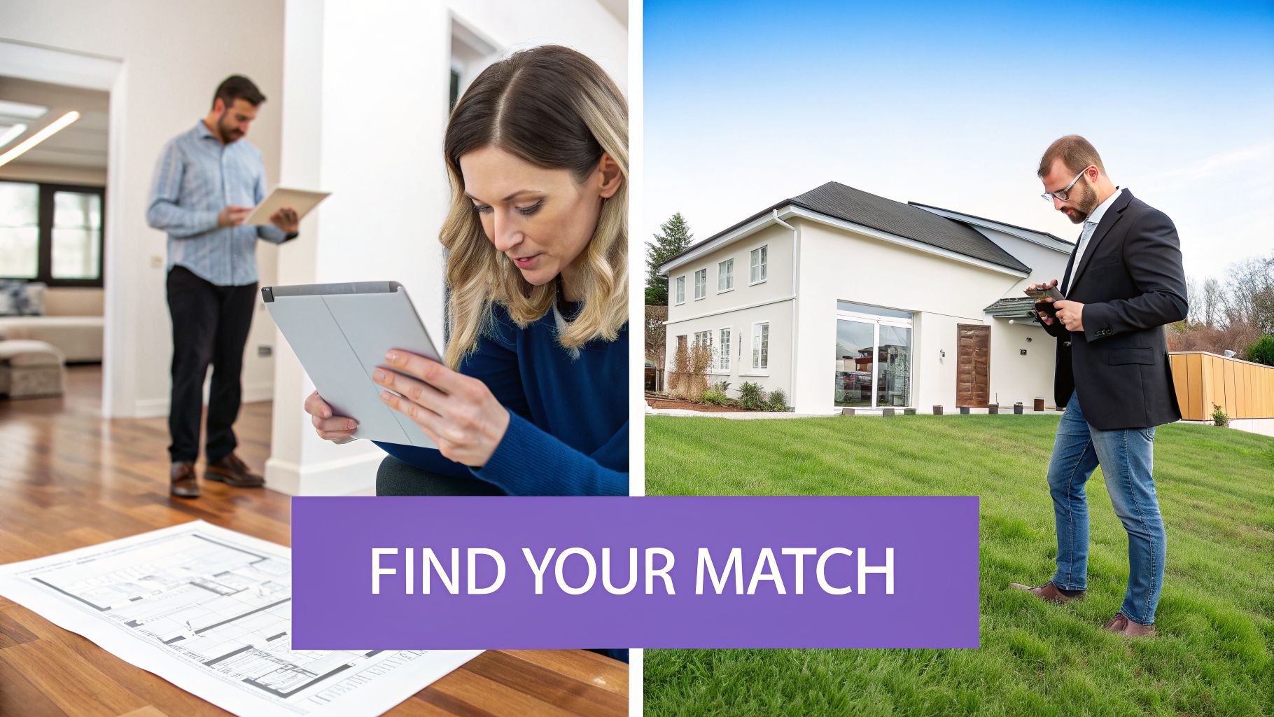 People using devices for home planning and viewing a modern house for sale.