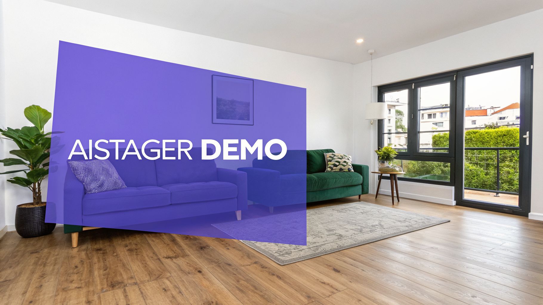 Modern living room with purple demo overlay, green sofa, patterned rug, and large windows.