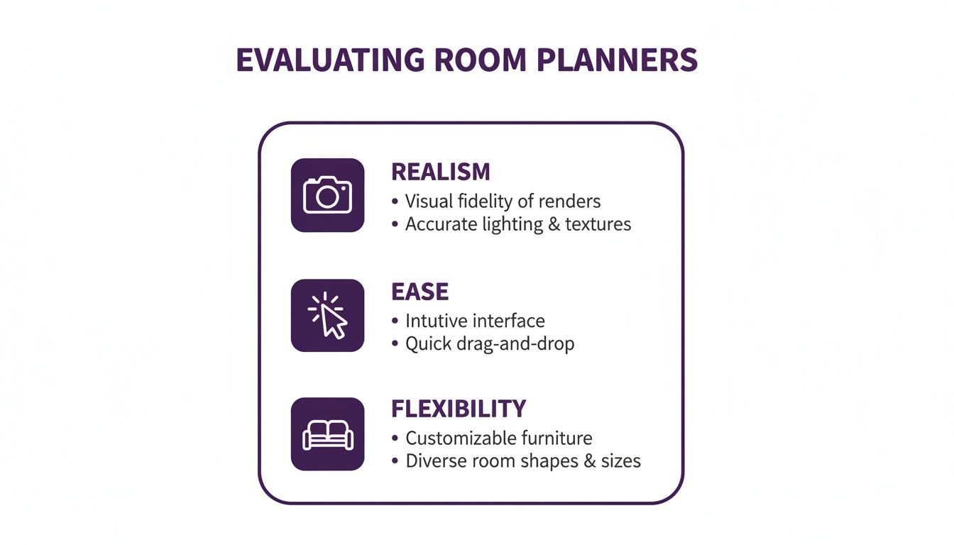 A list of criteria for evaluating room planners, including Realism, Ease, and Flexibility, with descriptive bullet points.