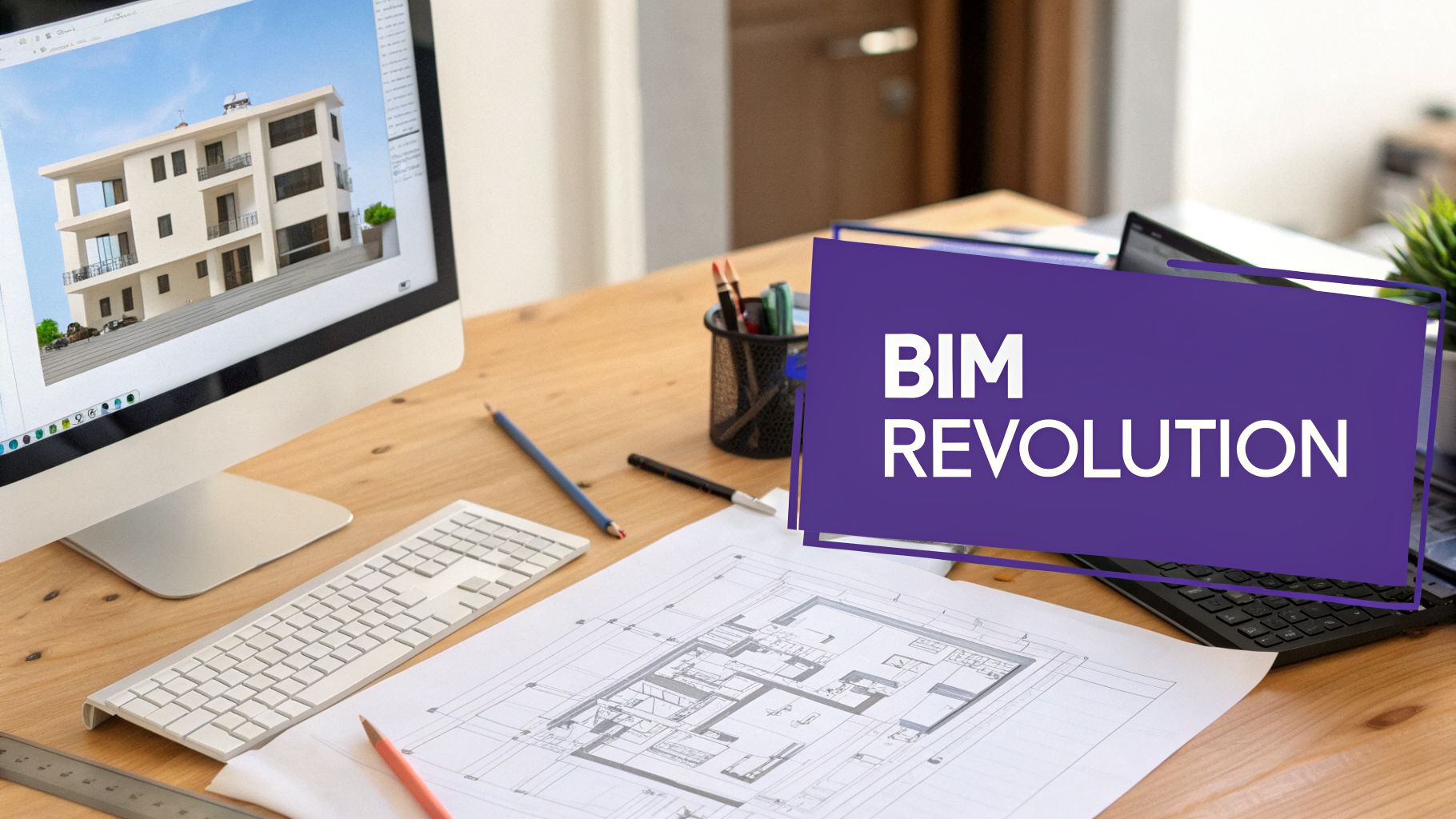 A desk with a computer displaying a 3D building model, blueprints, and 'BIM REVOLUTION' text.