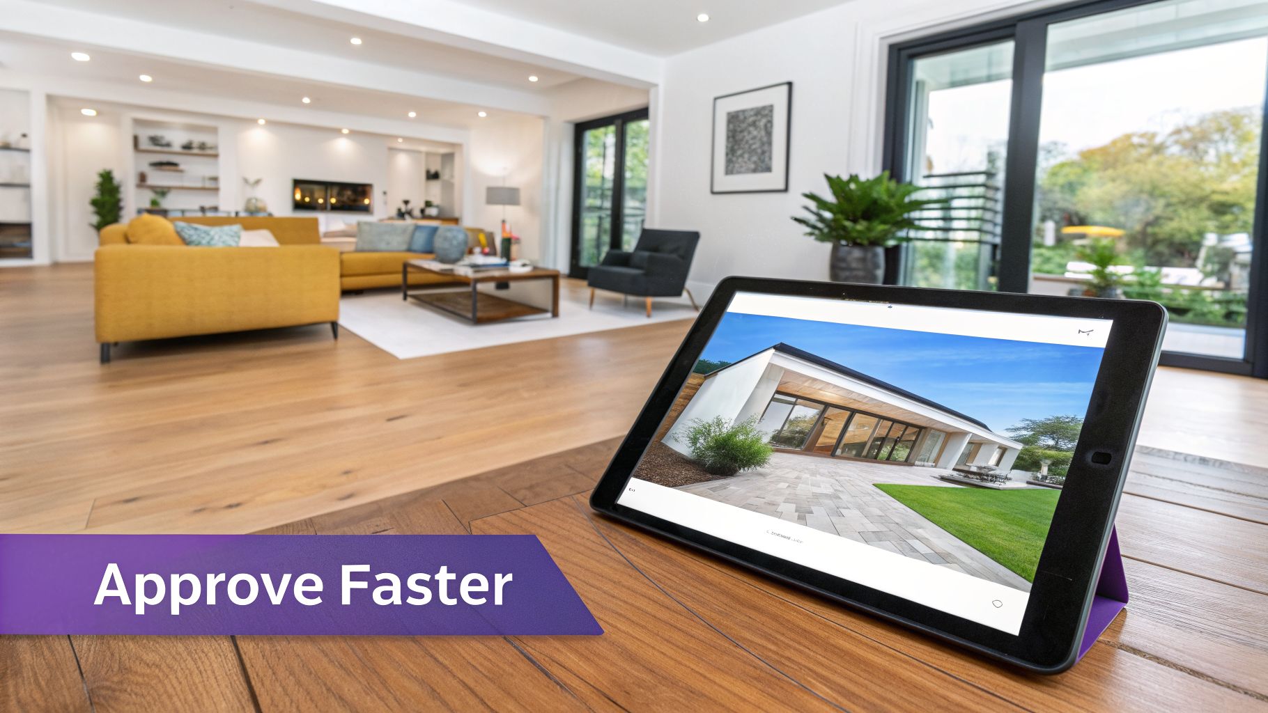 A modern, open-plan living room with a tablet displaying a house and 'Approve Faster' text.