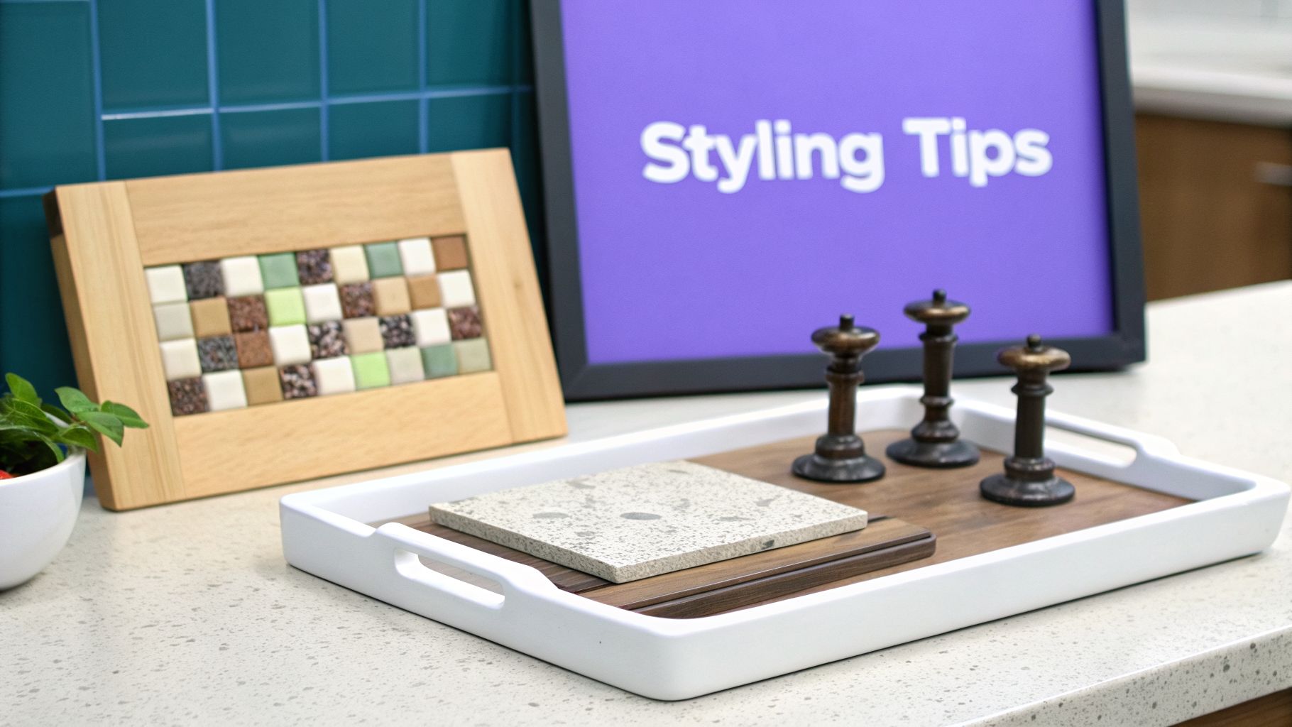 A kitchen countertop with a 'Styling Tips' sign, various tile samples, and decorative objects.