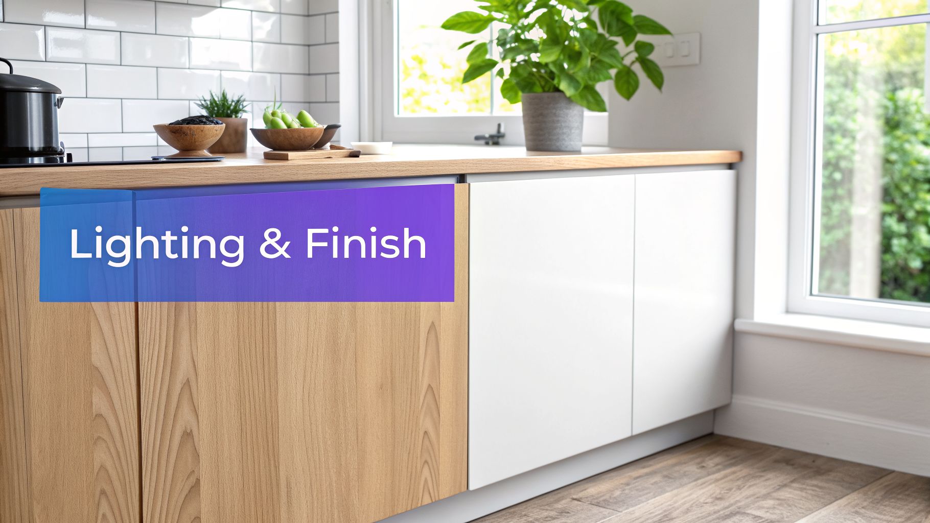 Modern kitchen with wooden countertops, white cabinets, and a tiled backsplash, featuring a 'Lighting & Finish' overlay.