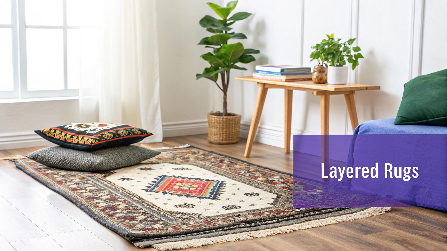 Two patterned rugs layered on a wooden floor in a cozy bohemian living room with floor cushions.