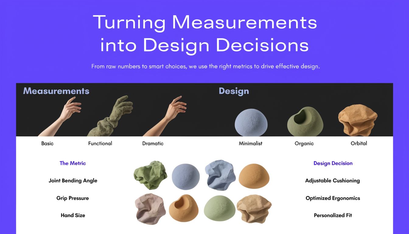 A design infographic explaining how physical measurements are translated into specific product design decisions using ergonomic principles.