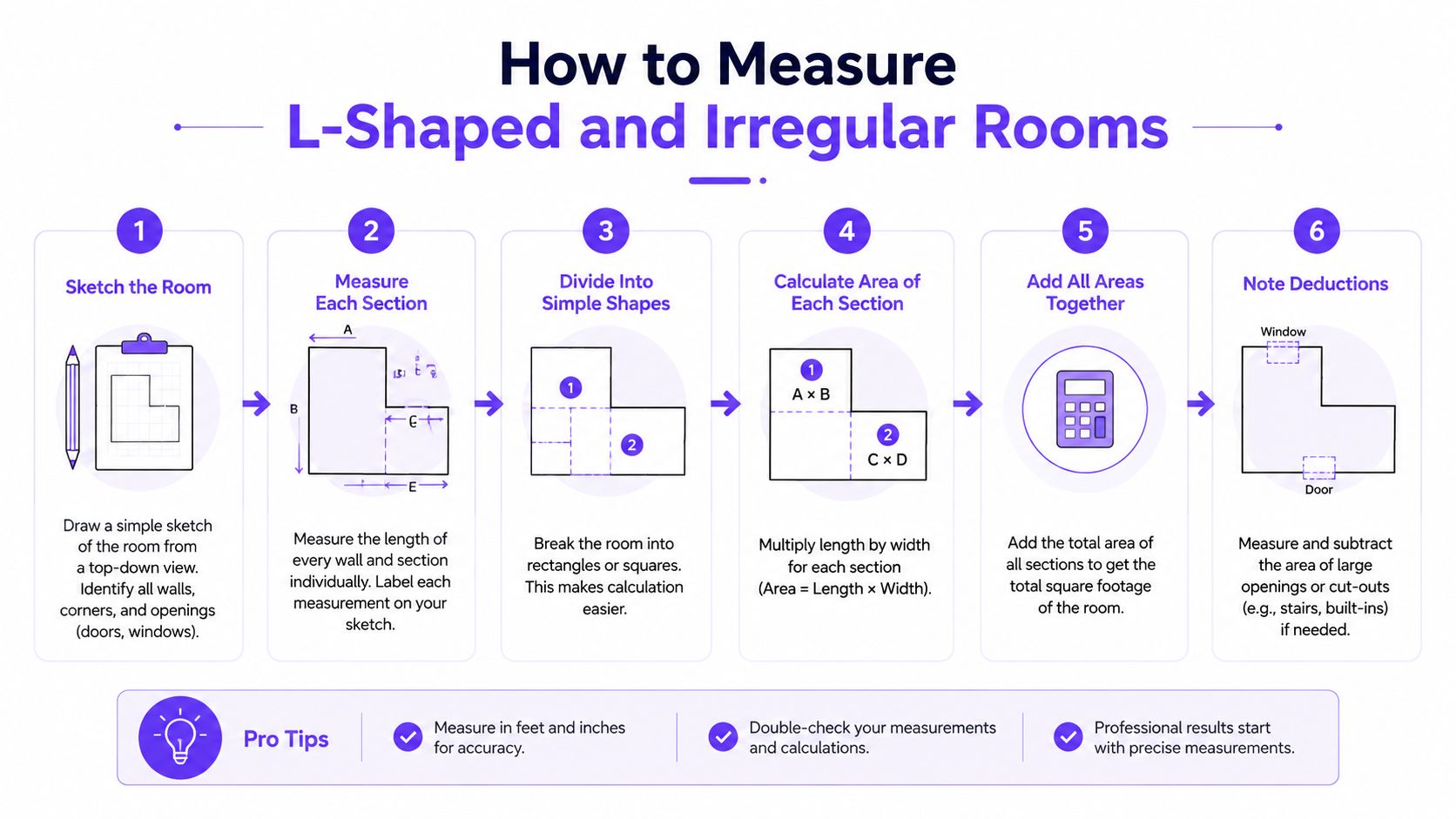 A step-by-step infographic illustrating how to measure and calculate the area of L-shaped and irregular rooms.