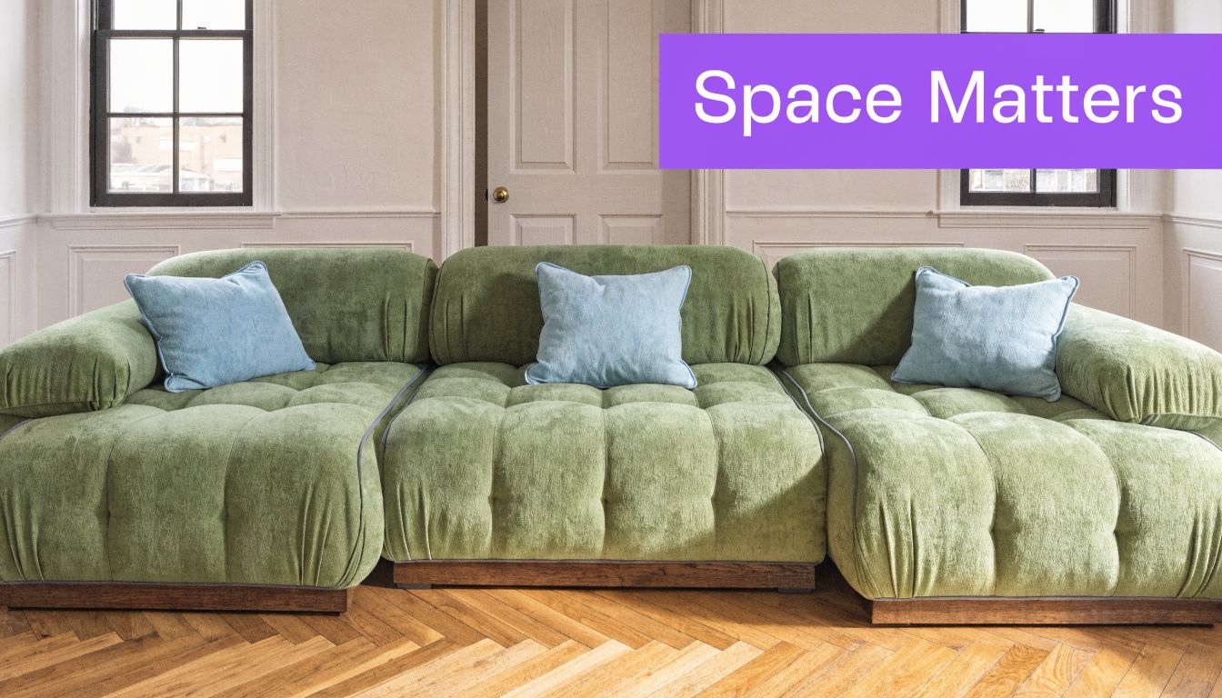 A large, modular green sofa with three light blue cushions placed in a bright, modern living room.