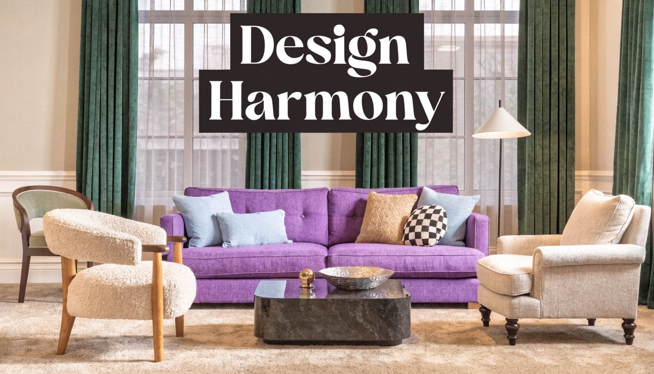 A luxurious living room featuring a purple sofa, modern beige armchairs, and green curtains.