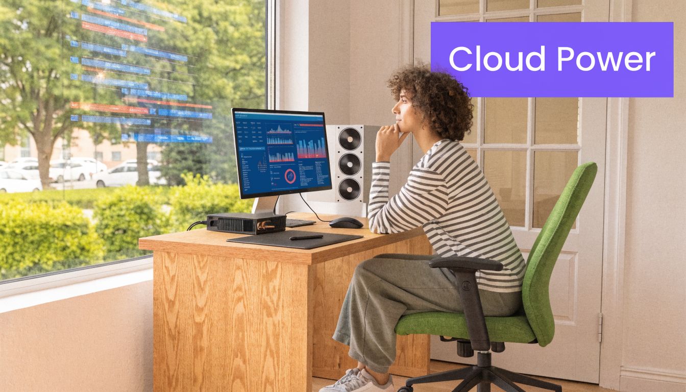 A person with curly hair working at a wooden desk with a computer monitor showing data analytics.