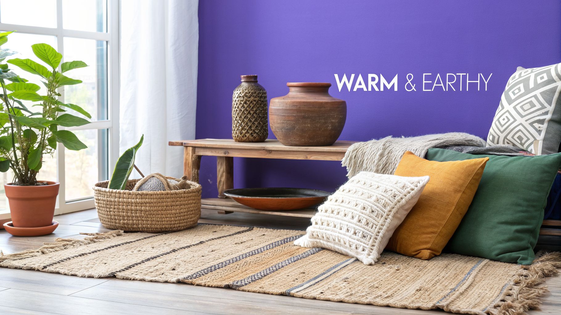 A cozy living room with a vibrant purple wall, natural elements, and warm earthy decor.