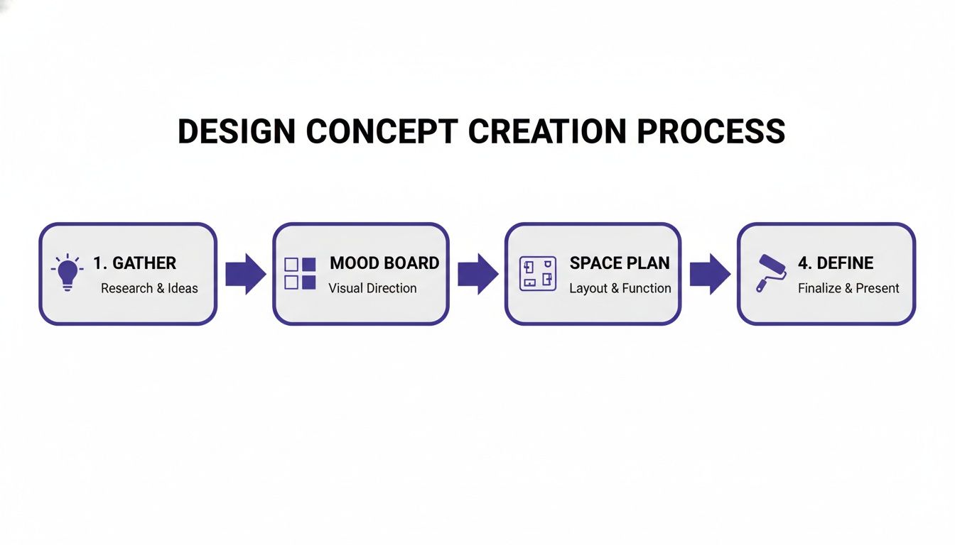 A clear flowchart illustrating the four-step design concept creation process: Gather, Mood Board, Space Plan, Define.