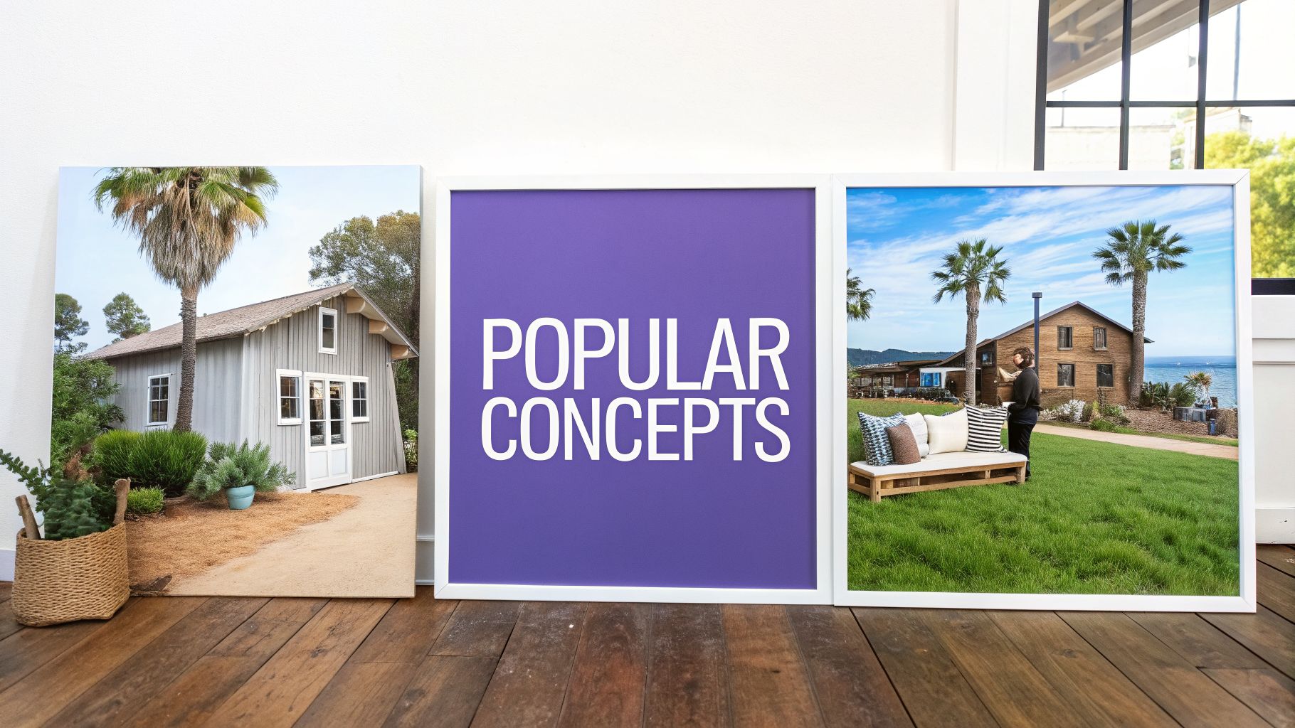 Three large framed prints, including "POPULAR CONCEPTS" text, displayed on a wooden floor.