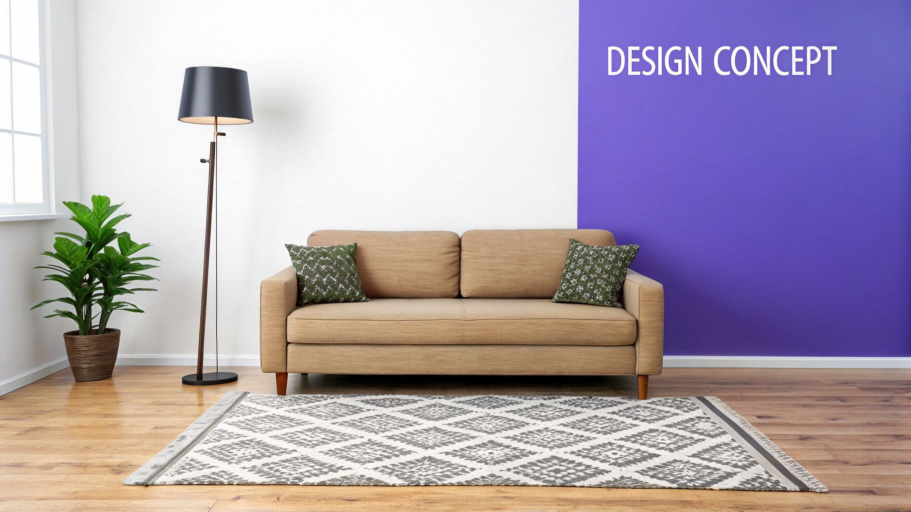A modern living room with a beige sofa, patterned rug, plant, lamp, and a purple accent wall.