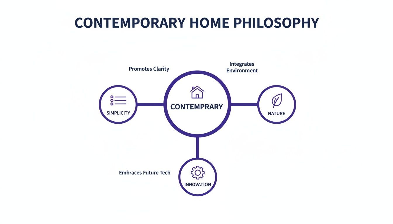 Diagram illustrating the contemporary home philosophy, connecting simplicity, nature, and innovation.