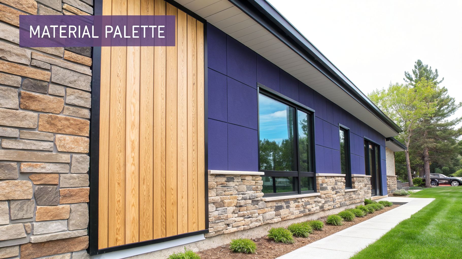 Contemporary home exterior showcasing a material palette of stone, wood, and purple siding with black windows.