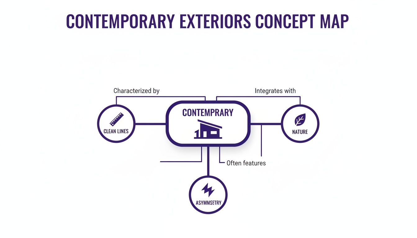 A concept map showing contemporary exteriors are characterized by clean lines, integrate with nature, and feature asymmetry.