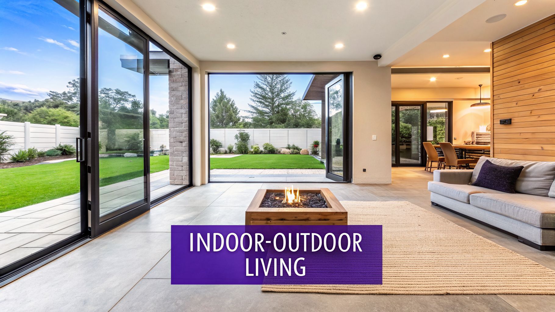 Modern living room with fire pit opening to a lush green backyard through large glass doors, highlighting indoor-outdoor living.