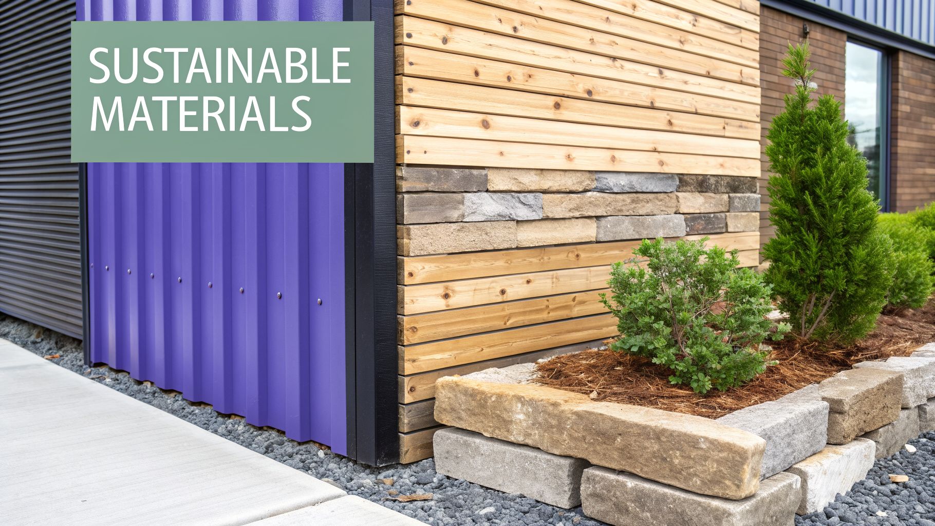 Modern building exterior showcasing sustainable materials with wood, stone, and purple metal siding, and garden.