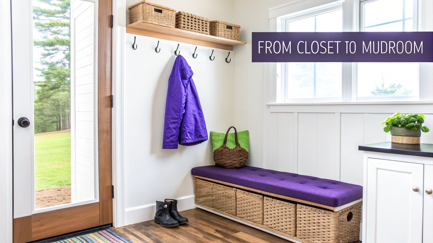 A transformed mudroom features a purple jacket on hooks, a storage bench, and woven baskets.