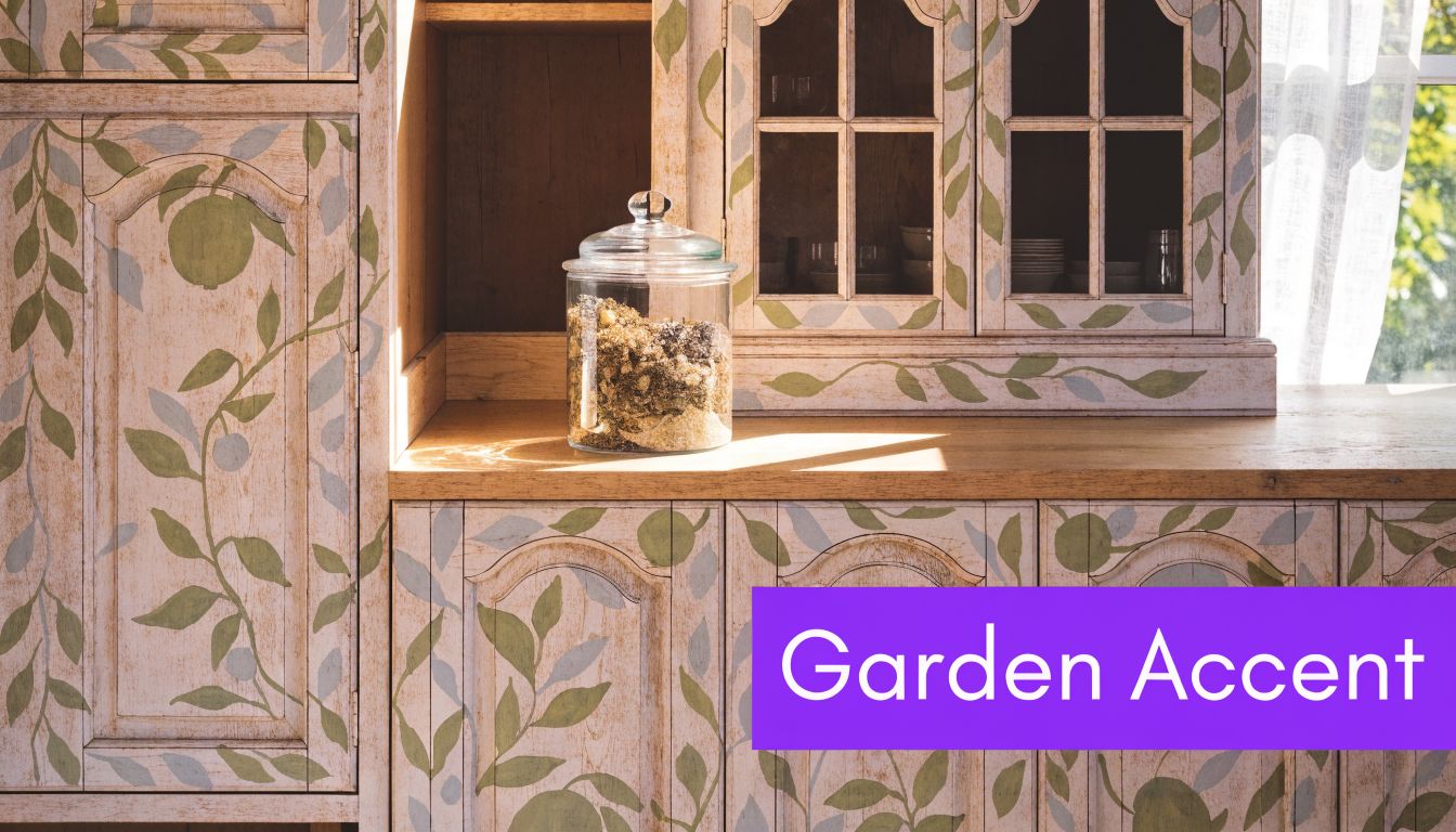 A rustic wooden kitchen cabinet painted with soft floral vines, featuring a glass herb jar on the counter.