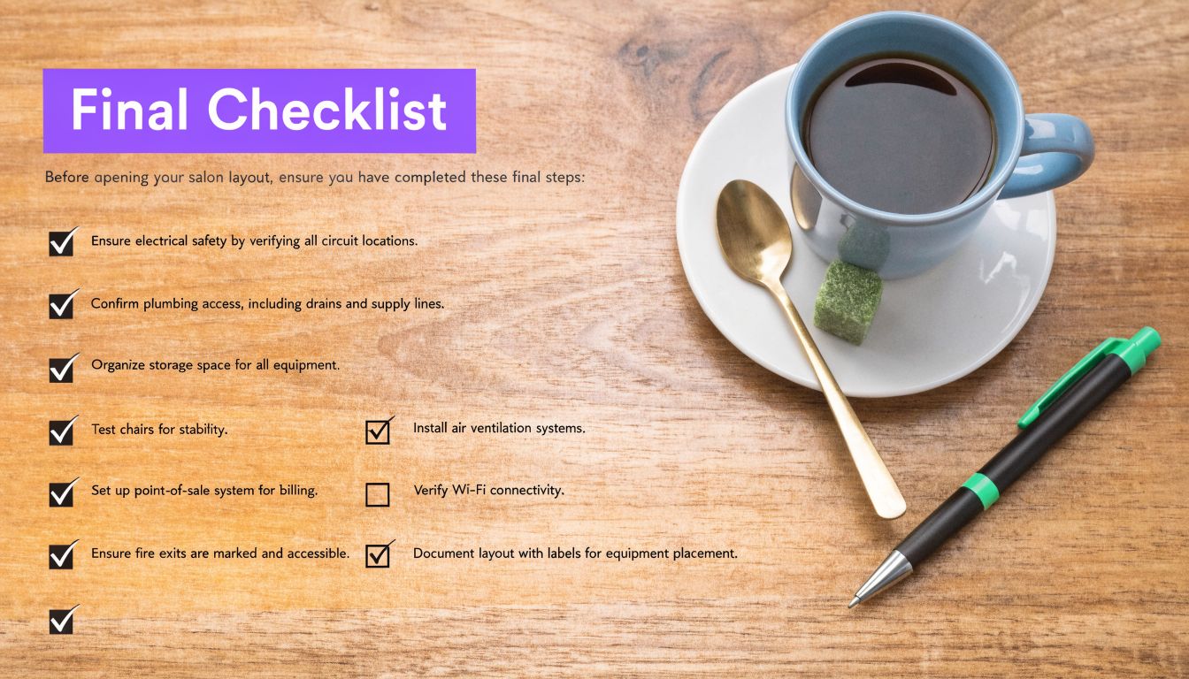 A professional checklist for planning a salon layout displayed on a wooden desk next to coffee.