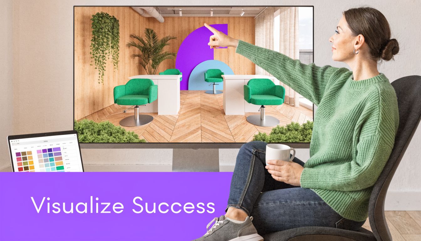 A professional woman in a green sweater points at a computer screen displaying salon layout designs.