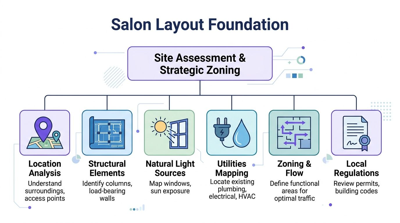 A diagram outlining the Salon Layout Foundation process, including site assessment, structural elements, and zoning for businesses.