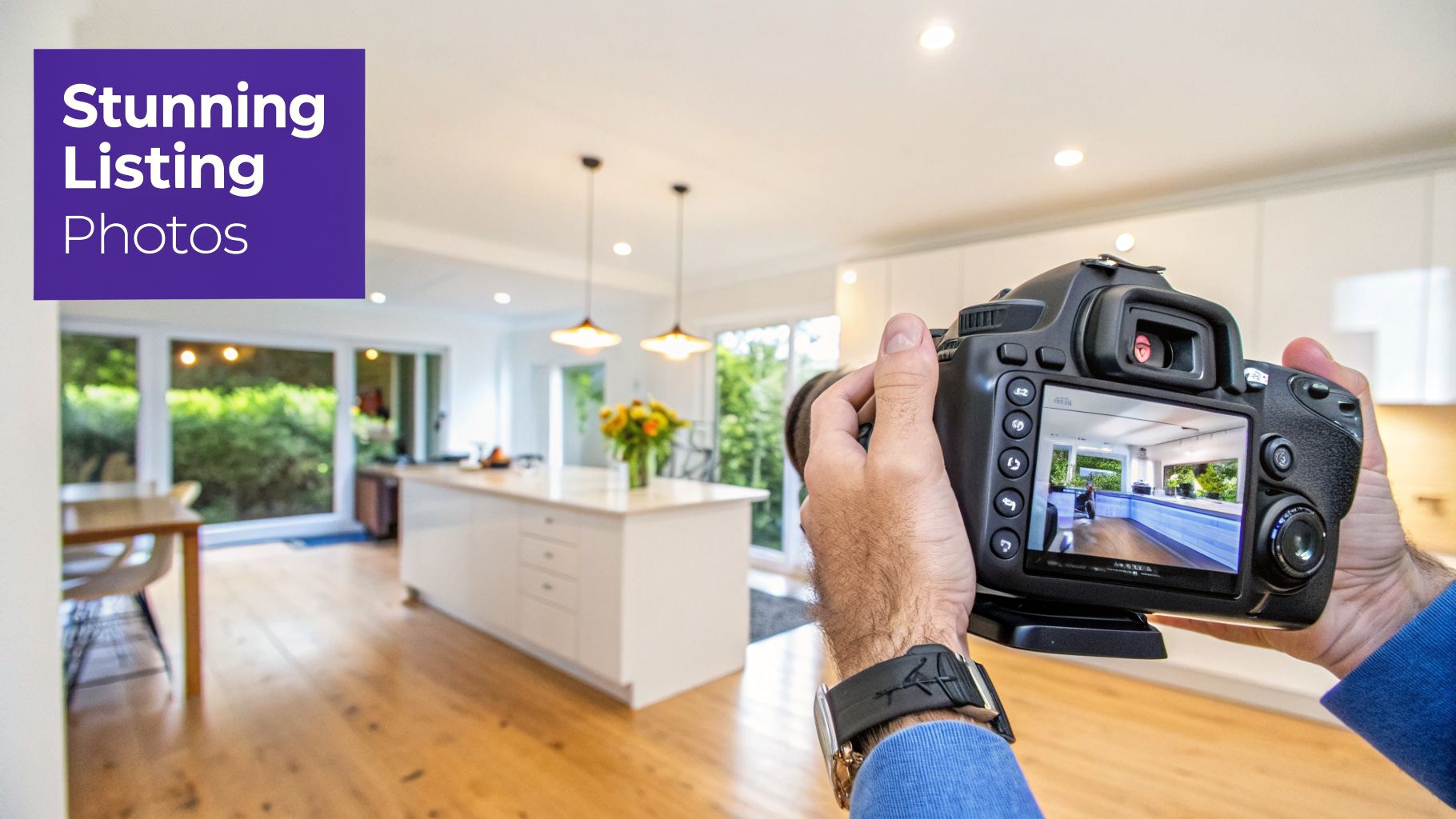 A photographer uses a DSLR camera to capture stunning real estate listing photos of a modern kitchen.