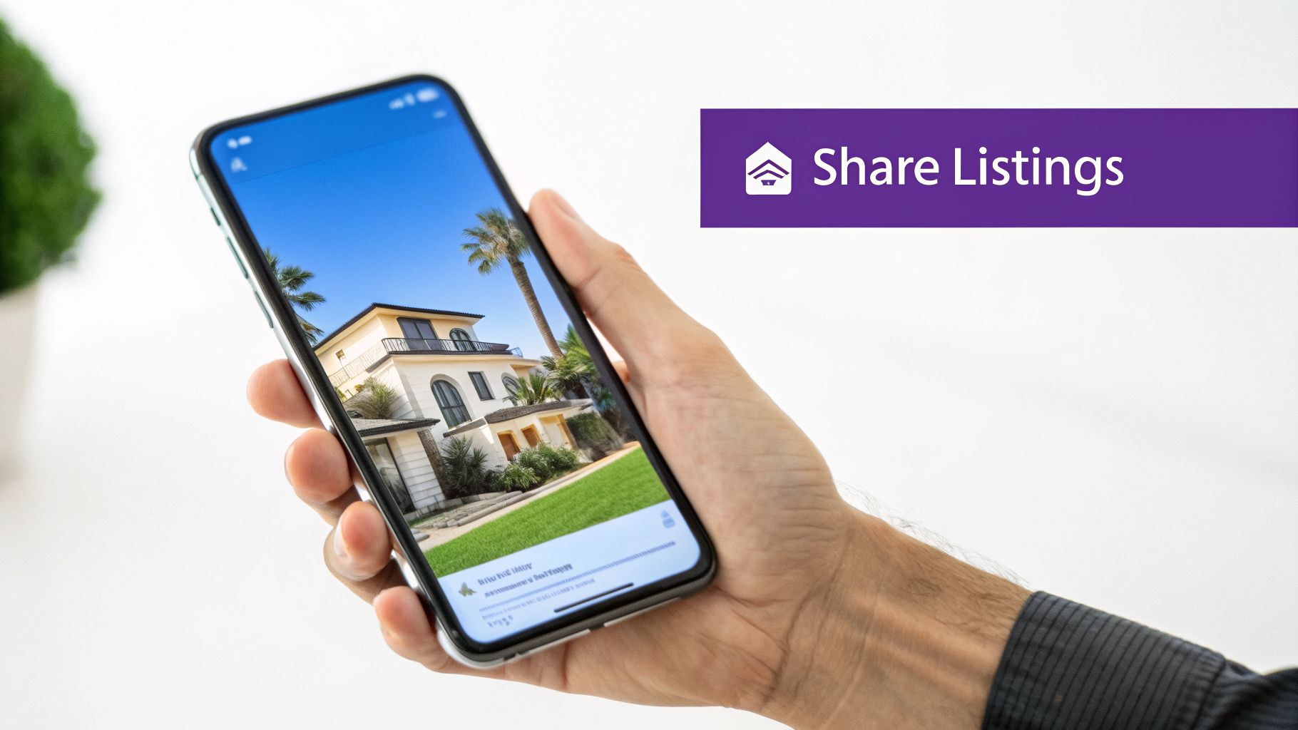 A hand holds a smartphone displaying a luxurious house listing with palm trees, next to a 'Share Listings' banner.