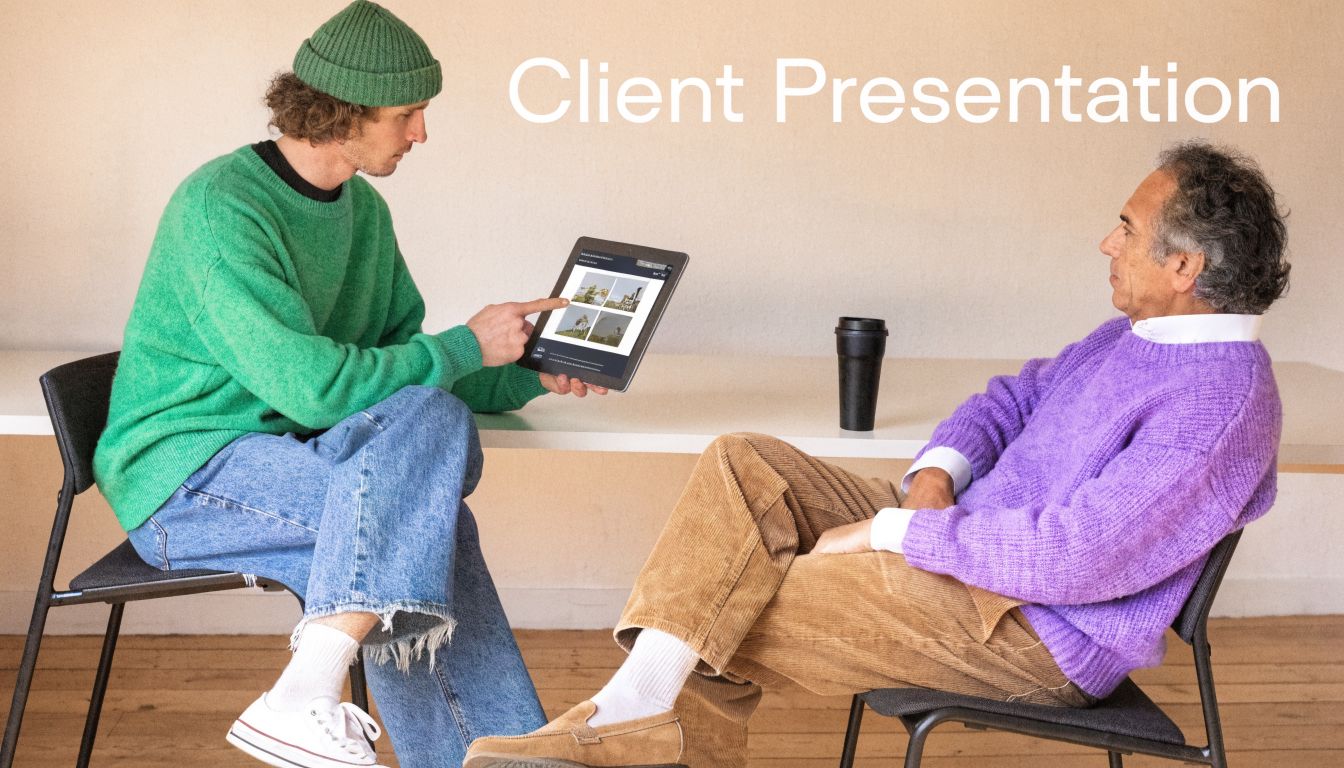 An architect in a green sweater showing a digital presentation on a tablet to a client.