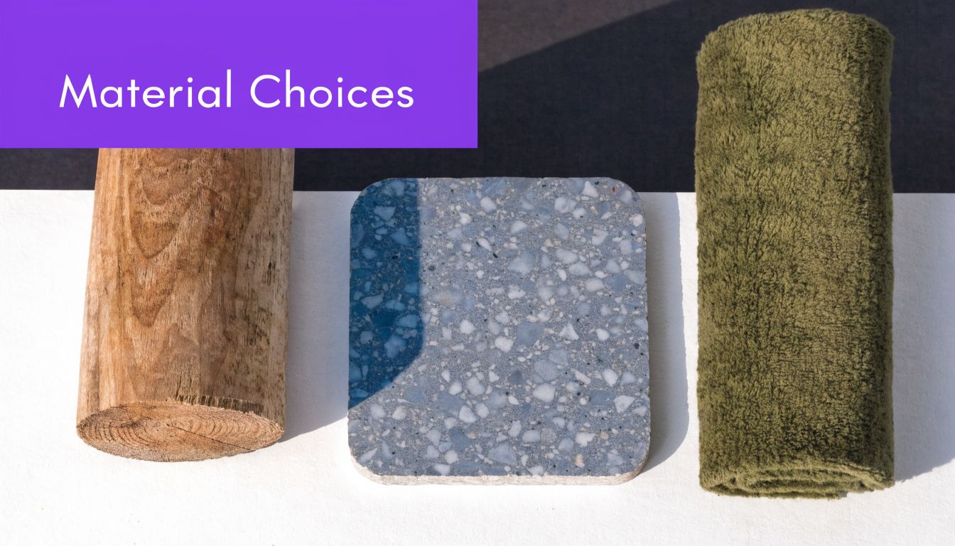 A wooden log, a piece of blue terrazzo, and an olive green towel on a white surface.