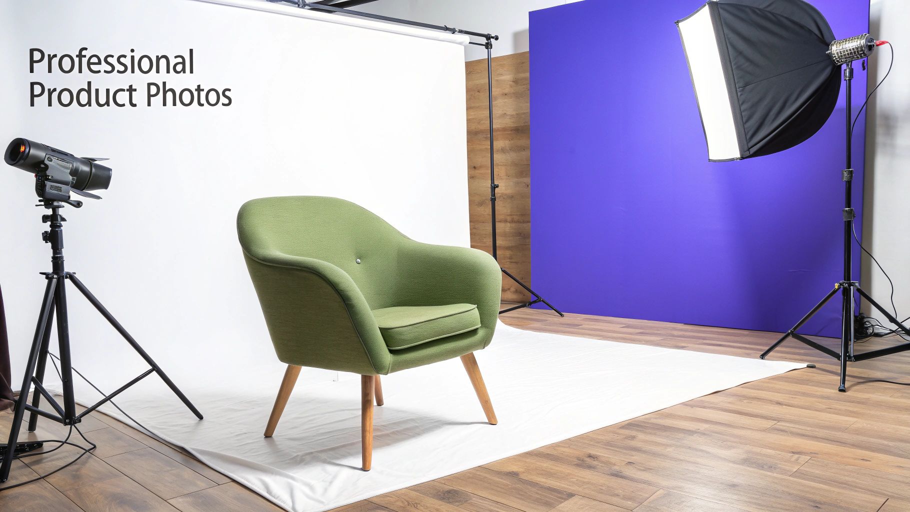 A professional product photography studio setup with a green armchair, white backdrop, and studio lights.