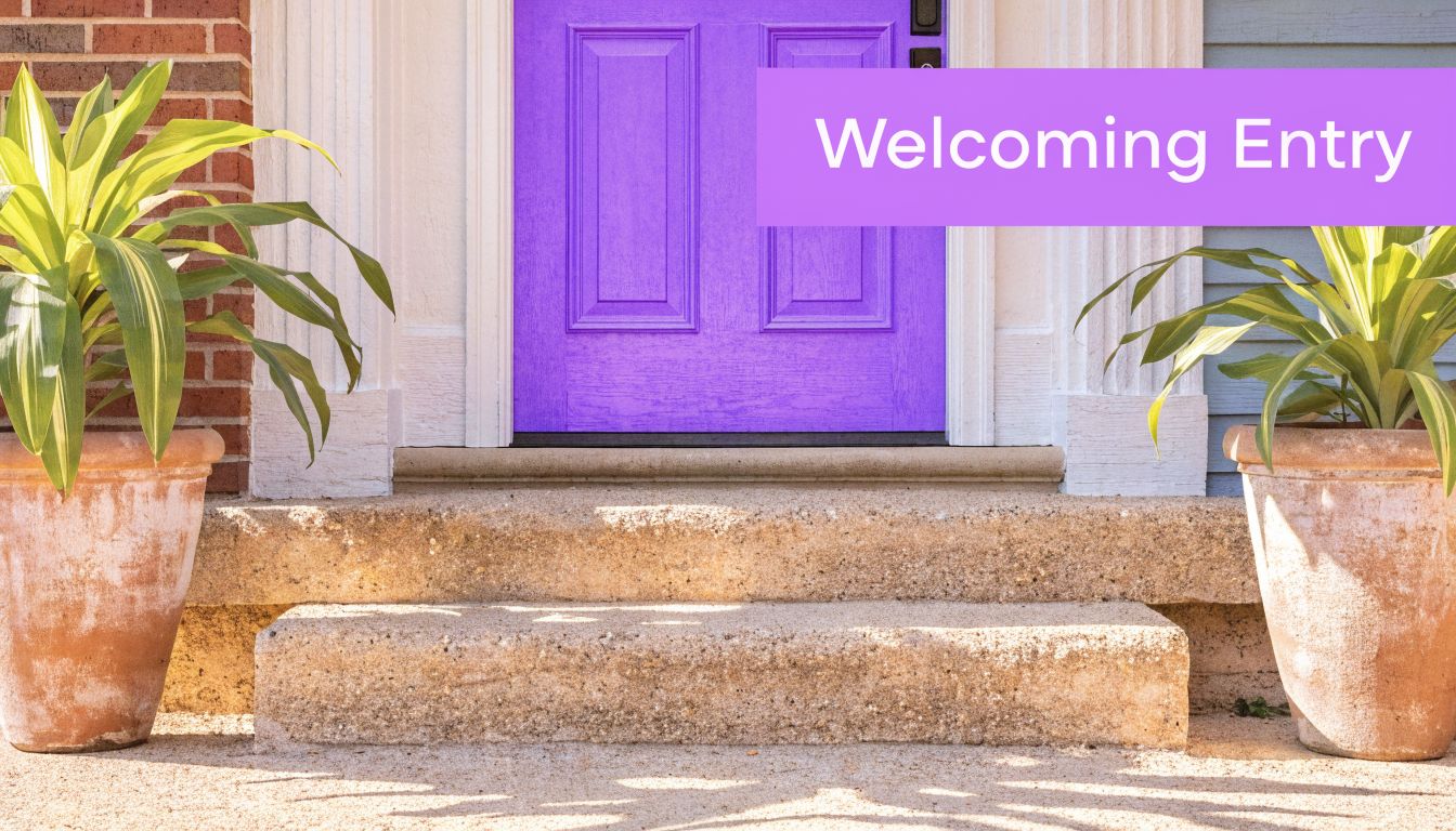 A vibrant purple front door with matching potted plants on either side of the concrete front steps.