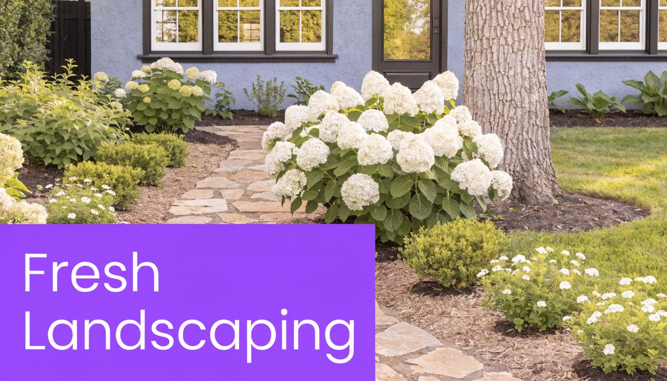 A beautiful residential front yard garden featuring white hydrangea bushes and a stone pathway leading to a house.