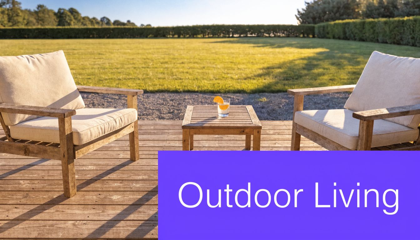 Two wooden outdoor chairs with beige cushions face a small table on a sunny wooden deck.