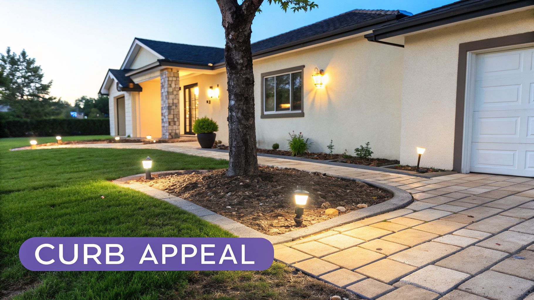A charming home exterior at dusk with an illuminated paved pathway, lush green lawn, and elegant landscaping.