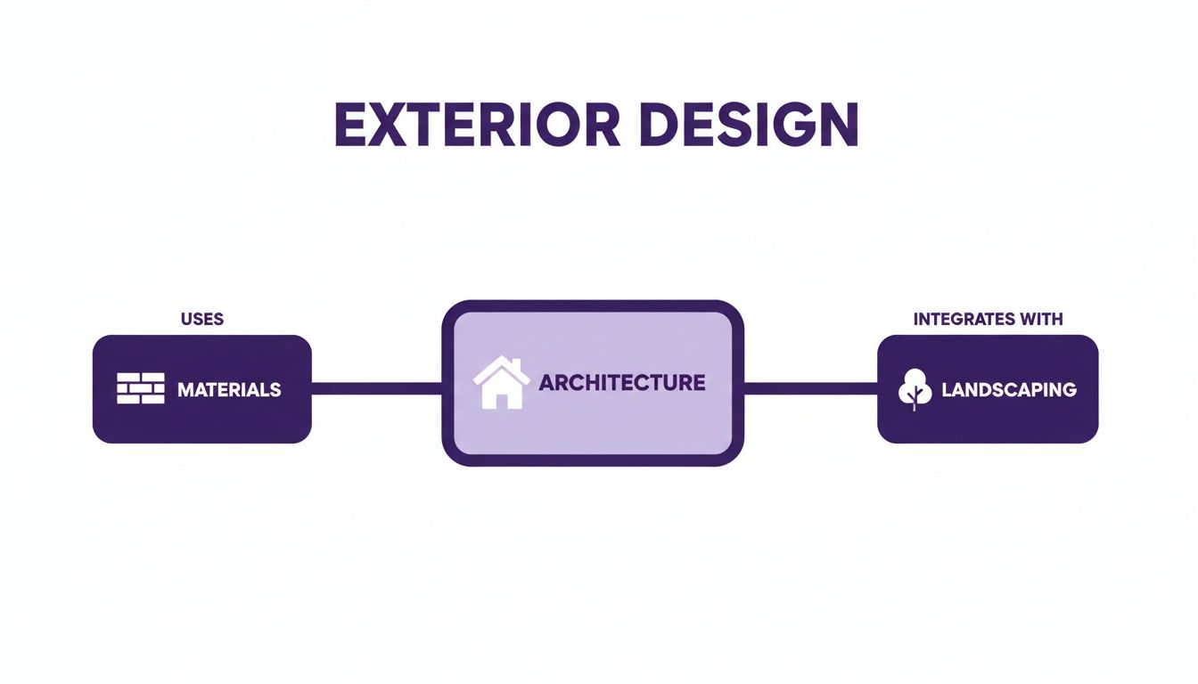 Diagram showing exterior home design elements: materials, architecture, and landscaping connections.