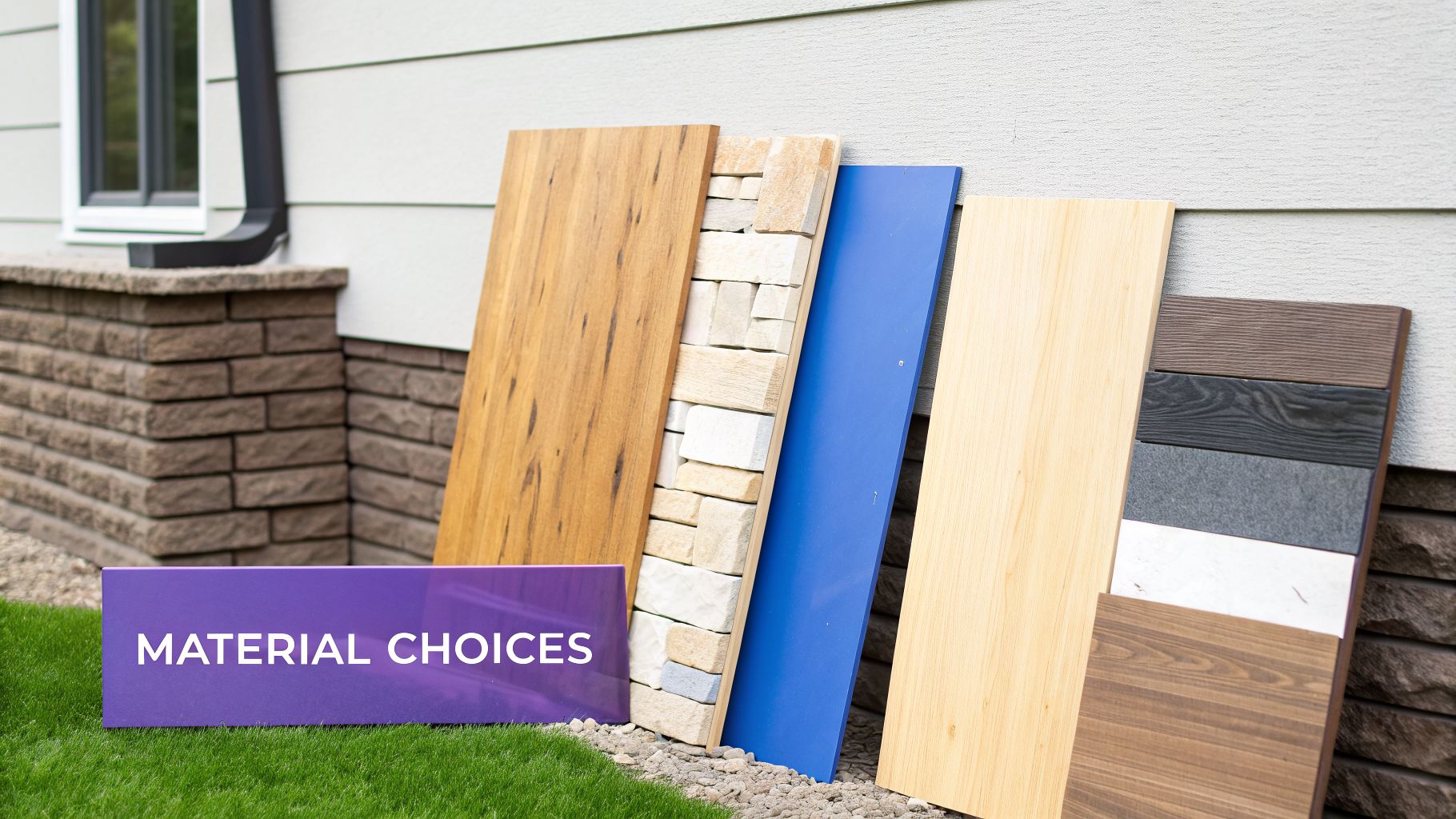 Various exterior material samples including wood, stone, and siding options for home design.