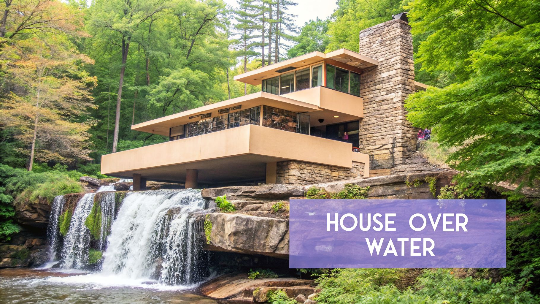 The iconic Fallingwater house by Frank Lloyd Wright, built cantilevered over a natural waterfall.
