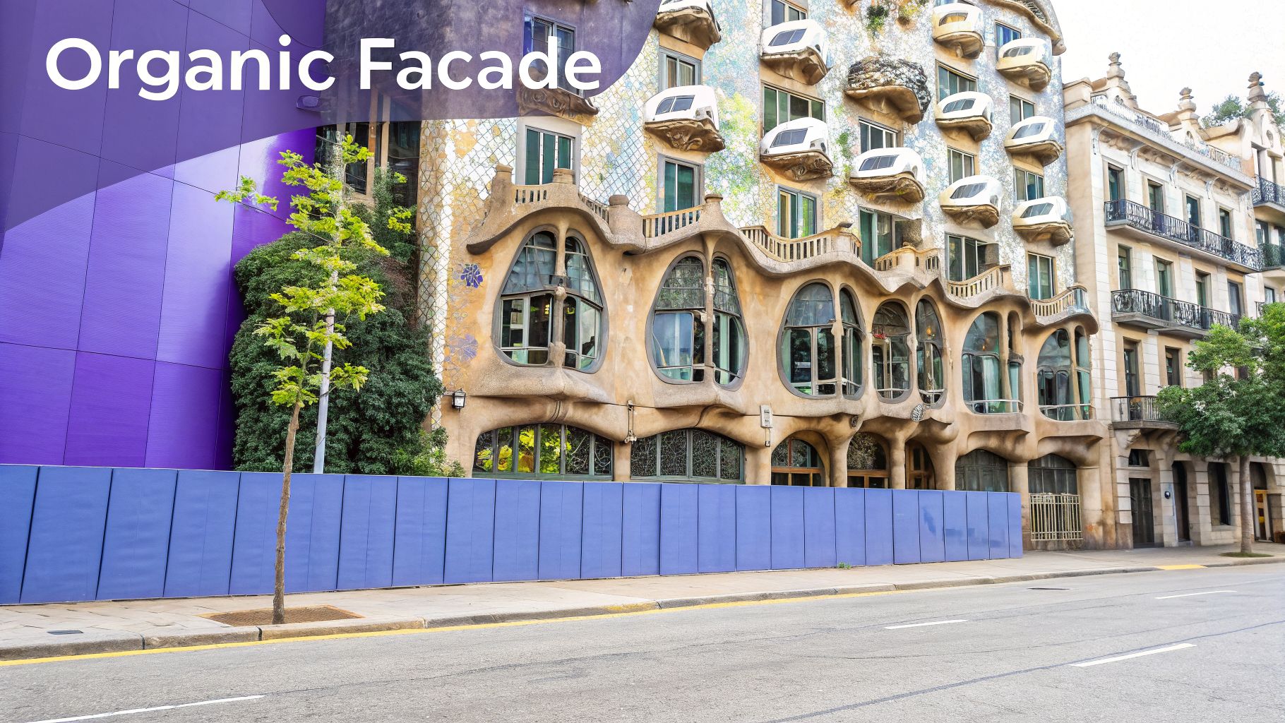 The unique organic facade of a famous house, showcasing curved shapes, colorful tiles, and distinctive balconies.
