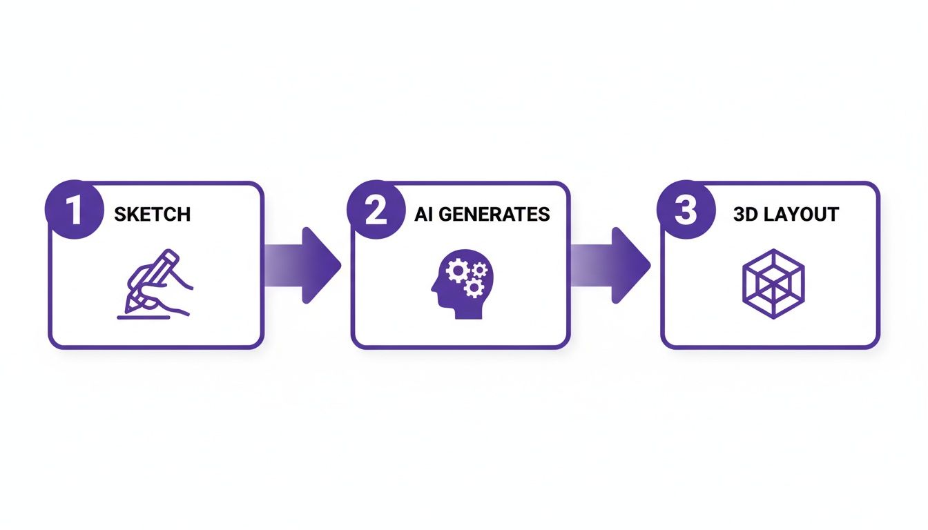 A three-step diagram showing a hand sketching, AI generating a design, and finally a 3D layout, illustrating an AI-powered design process.