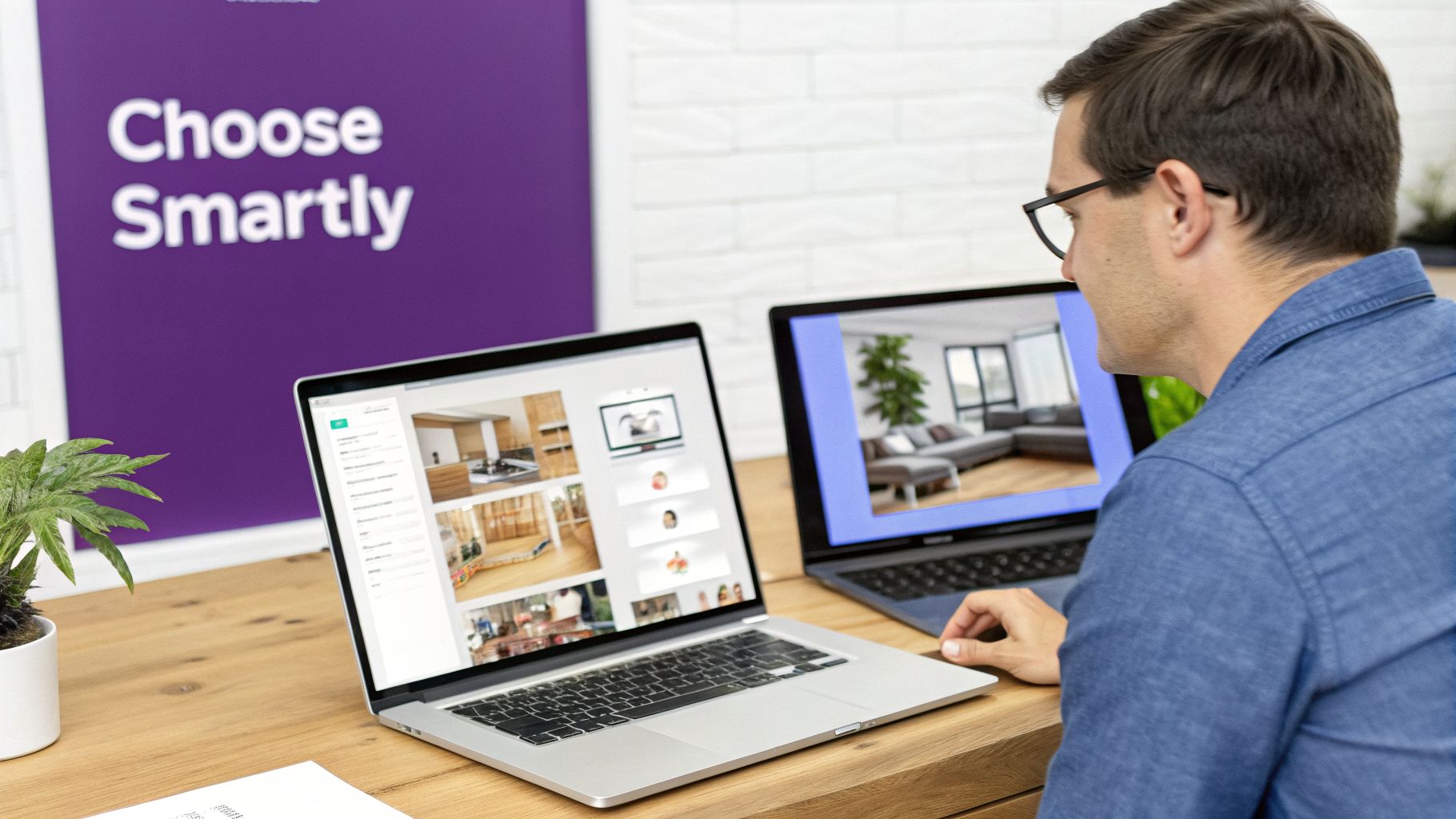 Man viewing interior design concepts and virtual collaboration on two laptops in an office.