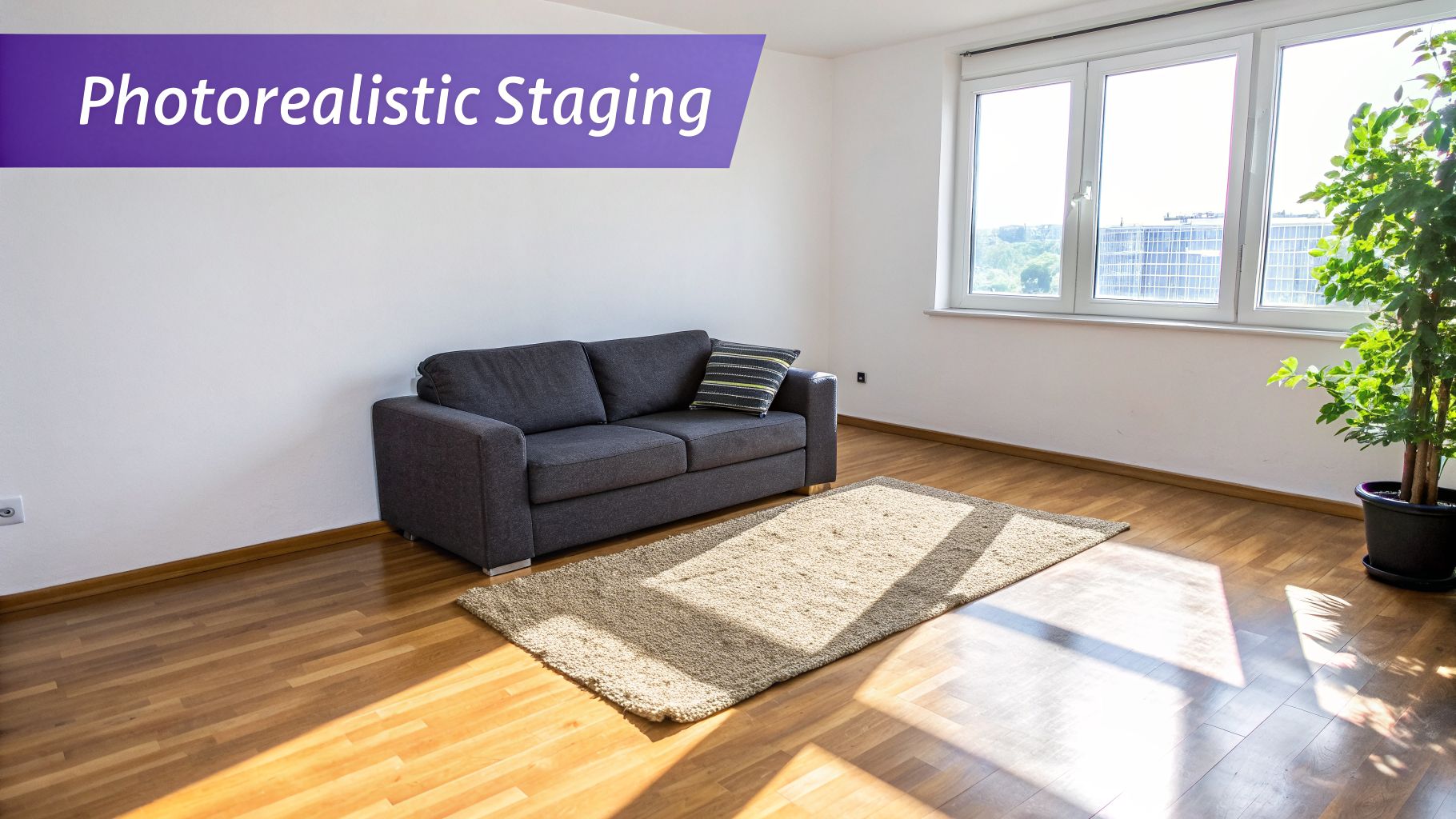 A photorealistic staged living room featuring a grey sofa, beige rug, wooden floor, and a large window.