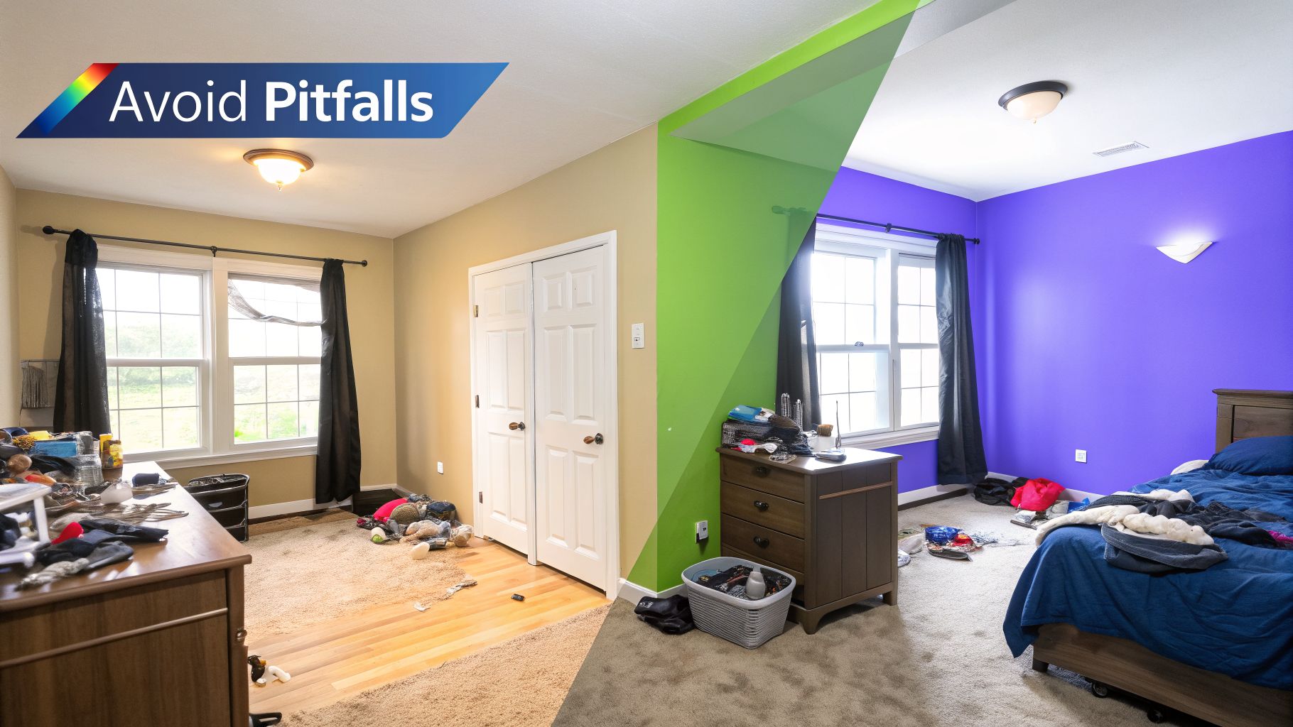 This image compares a cluttered beige room with an organized, vibrant purple room, highlighting design pitfalls.