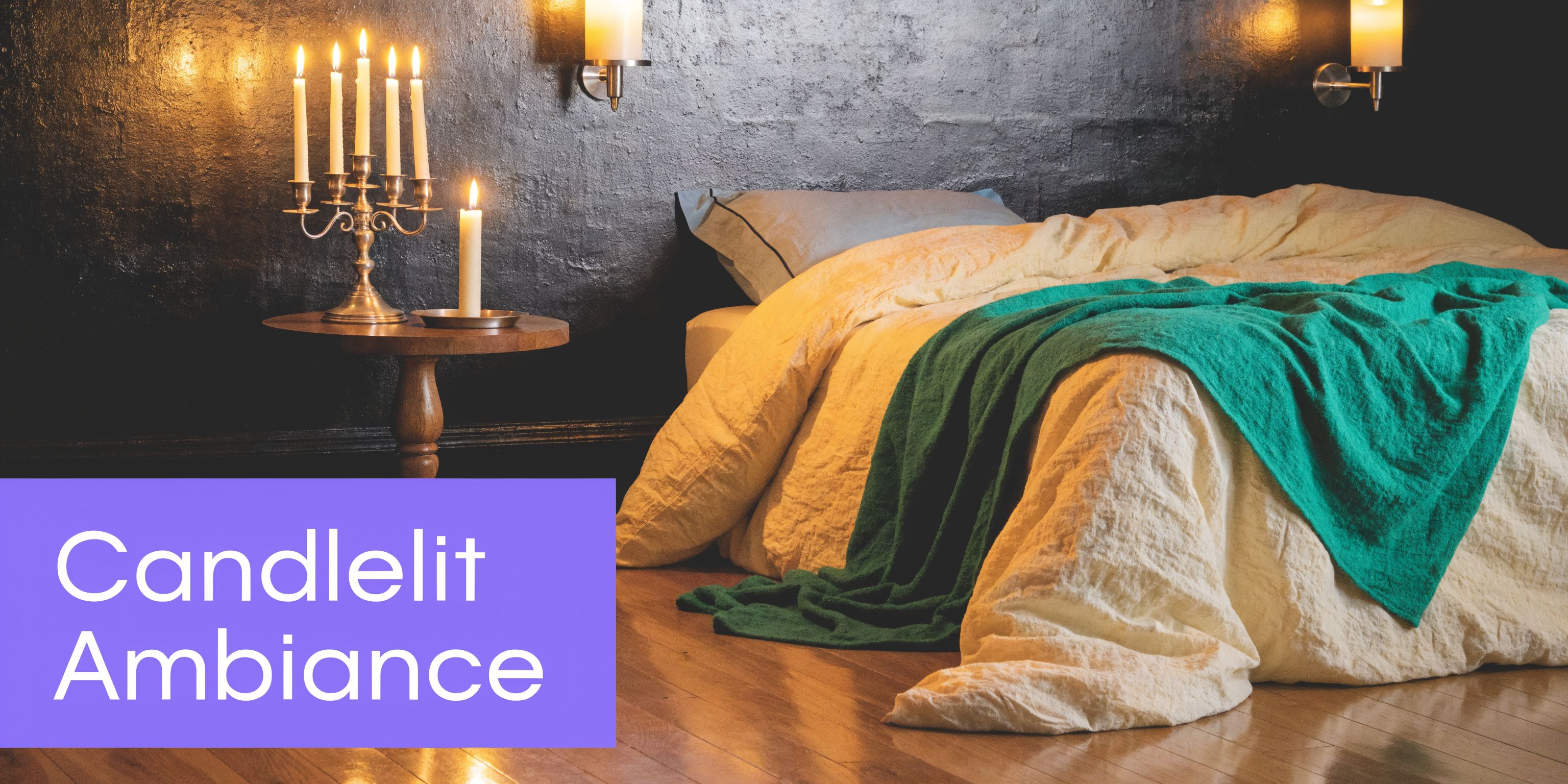 A cozy bedroom with a dark wall, a candlelit bedside table, and layered bedding with a green throw.