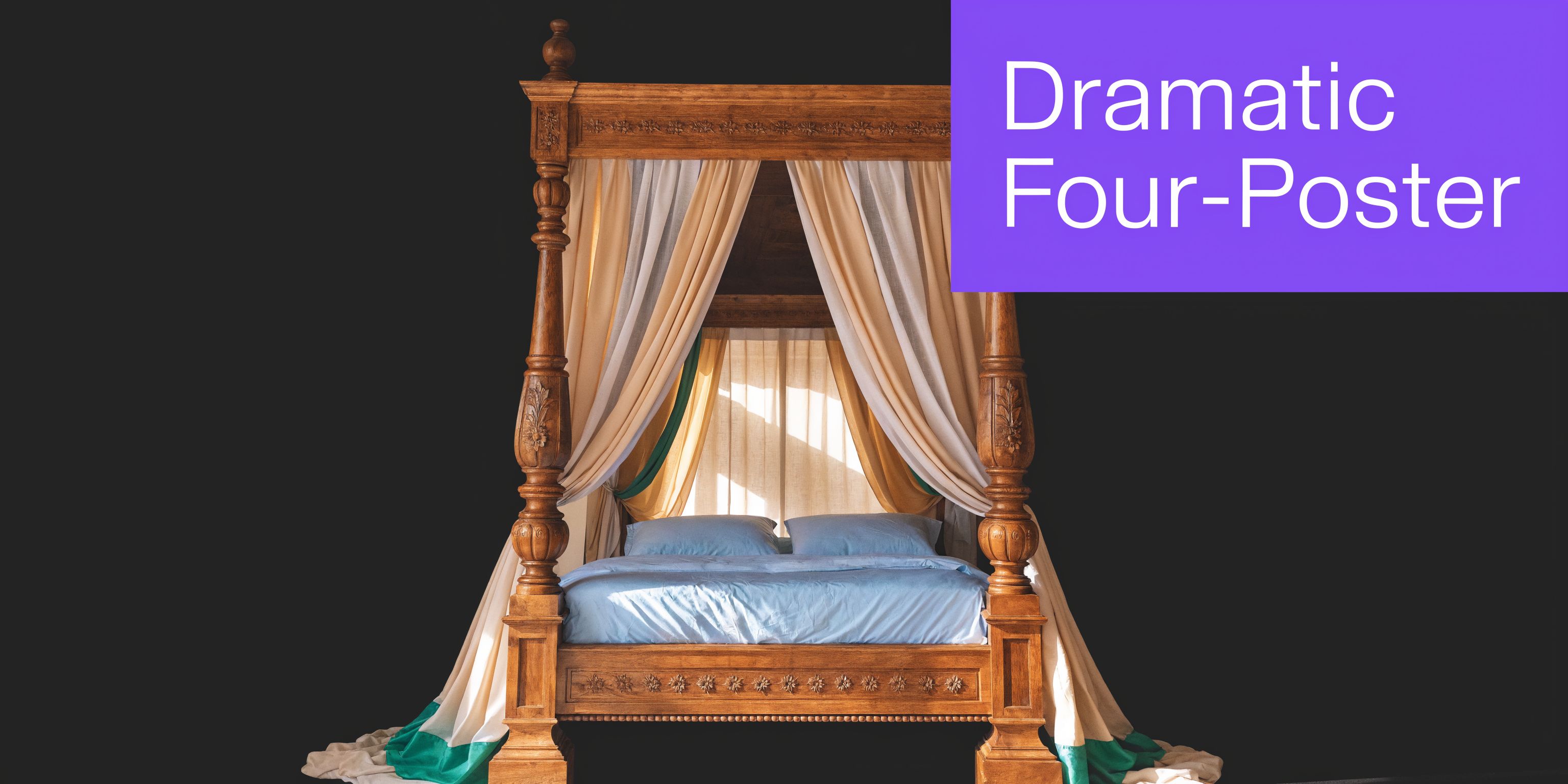 A grand, wooden four-poster bed draped in elegant beige and green fabric against a black background.